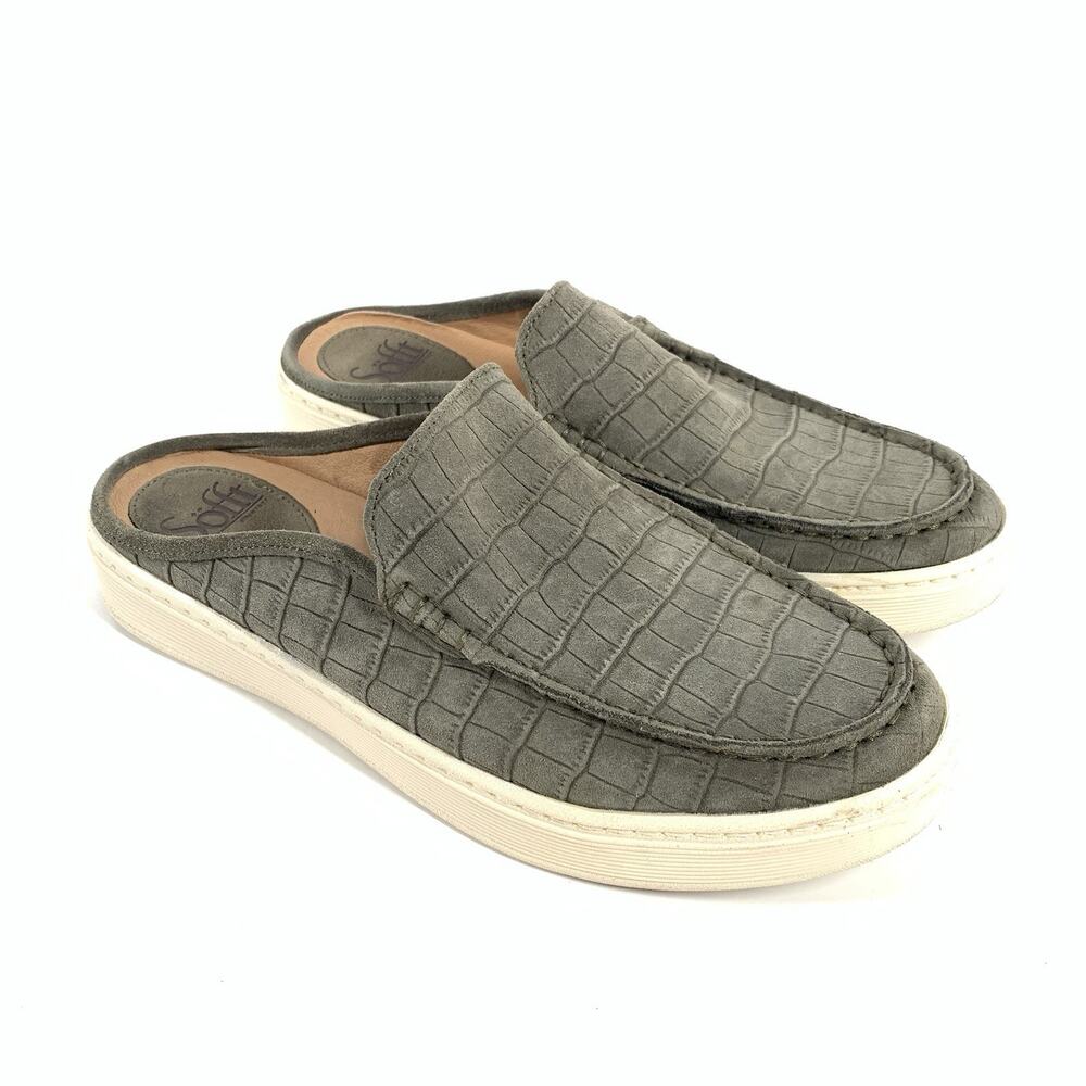 Sofft Somers Moc Leather Slip On Mules 8 Womens Comfort Flats Olive Green Gray